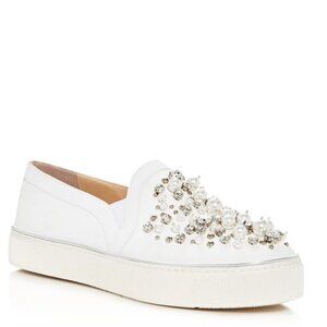 Stuart Weitzman Pearl Embellished Leather SlipOn Platform Sneakers Shoe Slides 7